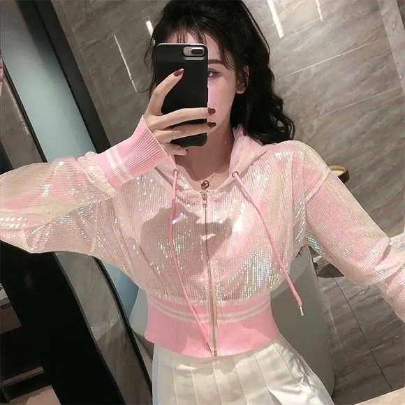 Jackets & Blazers - Sequin hoodie bomber jacket shiny sparkle pink black white stripe sporty womens